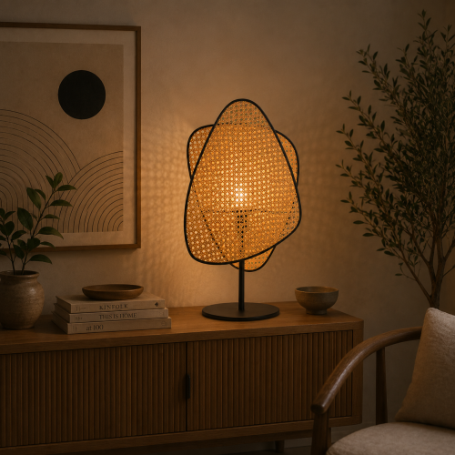 Designerska lampa stojąca boho z plecionym abażurem BALI GLOW