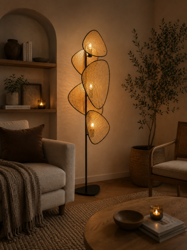 Designerska lampa stojąca boho z plecionym abażurem BALI TOTEM