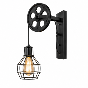 Kinkiet Loft Industrialny Vintage Lampa z Kołem Pasowym i Oprawą Retro Czarna